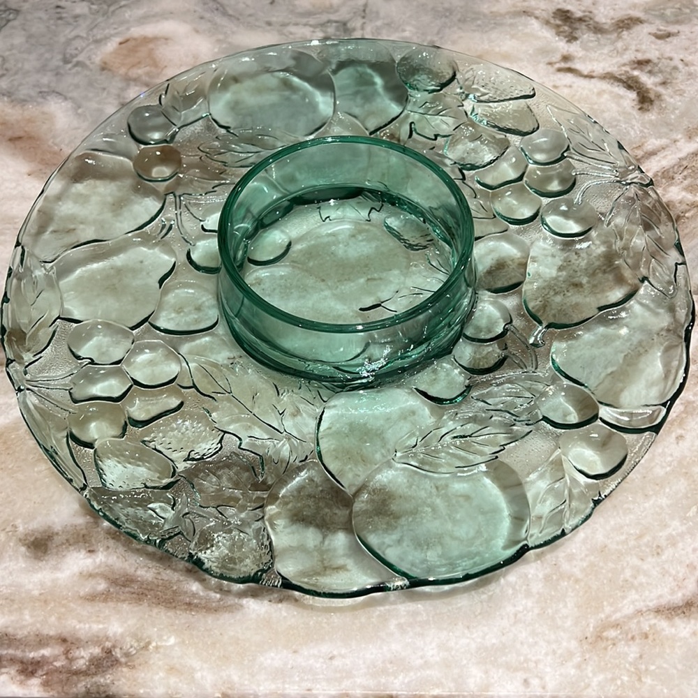 Indiana Glass Madeira Green Glass 13” Chip & Dip Serving Raised Fruit Pattern